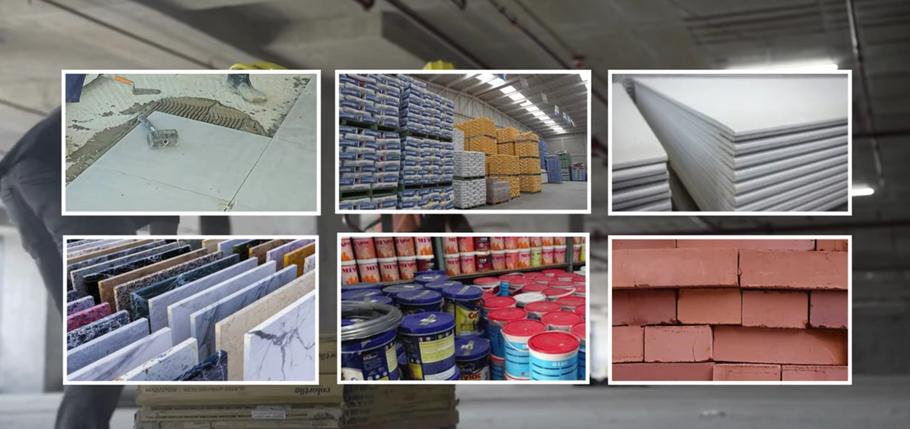 A collage showing different construction materials that Flo Hauler can transport, including tiles, cement bags, sheets, stone slabs, paint containers, and bricks.