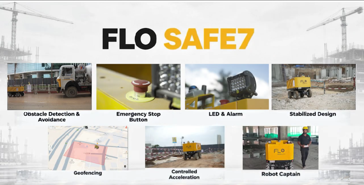 Flo Safe7 seven-layer safety system for Flo Hauler autonomous construction robot, featuring obstacle detection and avoidance, emergency stop, LED and alarm alerts, stabilized design, geofencing, controlled acceleration, and Robot Captain human intervention.